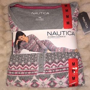 🆕 Nautica Women’s 2 piece fleece pajama sleep set Grey Fair Isle Medium NWT